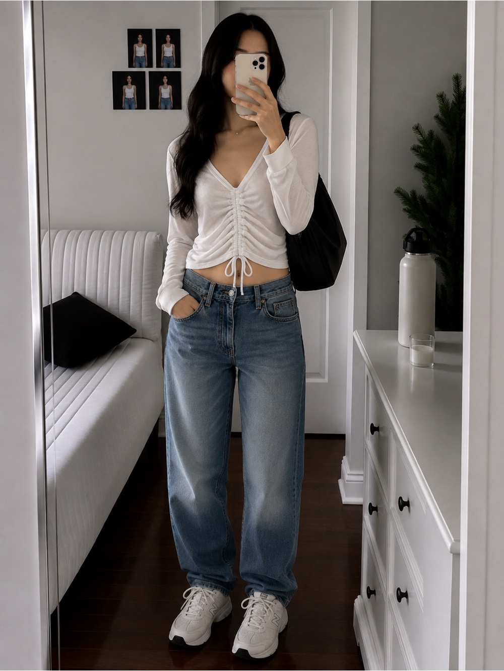 aerie White V-Neck Ruched Drawstring Crop Top